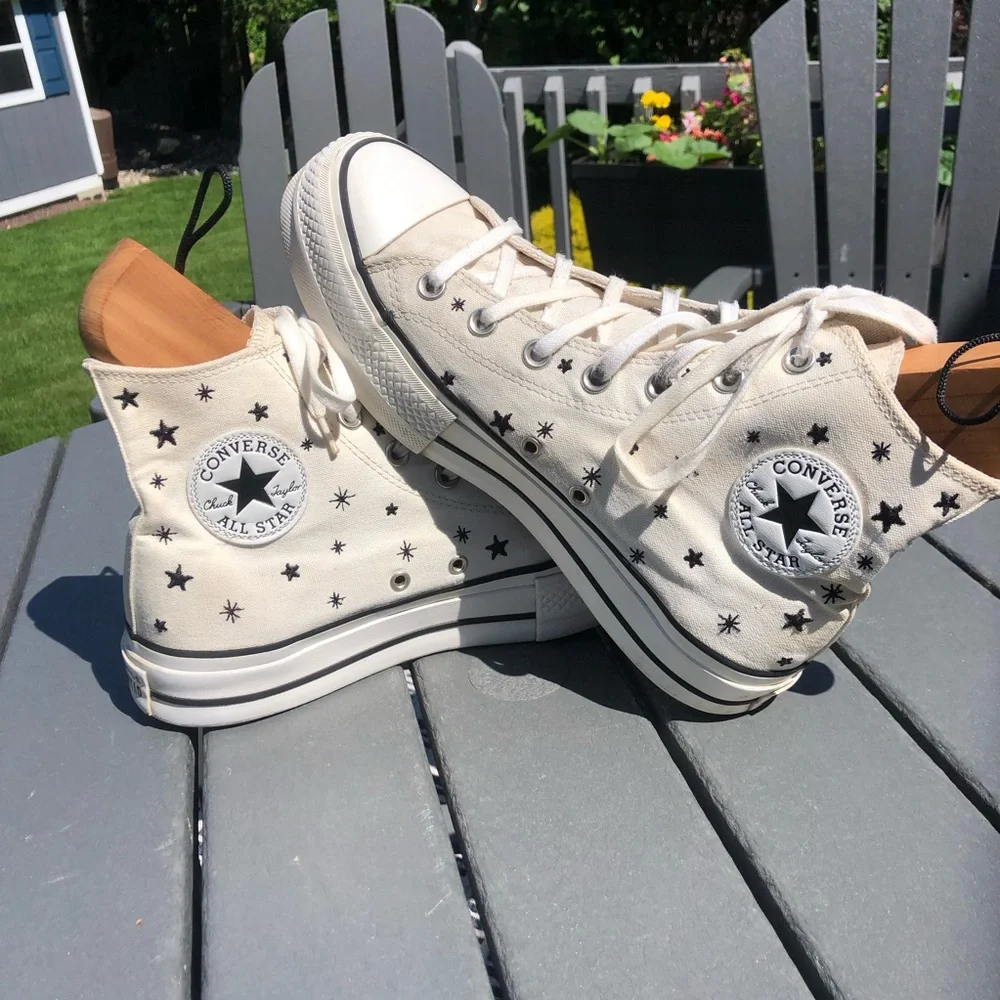 Converse High Top limited edition Crystal Energy  in Cream with Black Star Print - Picture 2 of 11